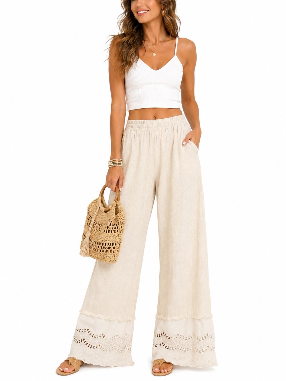416.Made in 🇮🇹 Italy %100 Linen Wide-Leg Crochet Hem Pants — Cream